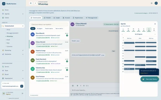 La stessa conversazione con l’agenda dello studio accanto, per spostare una visita senza uscire dal messaggio