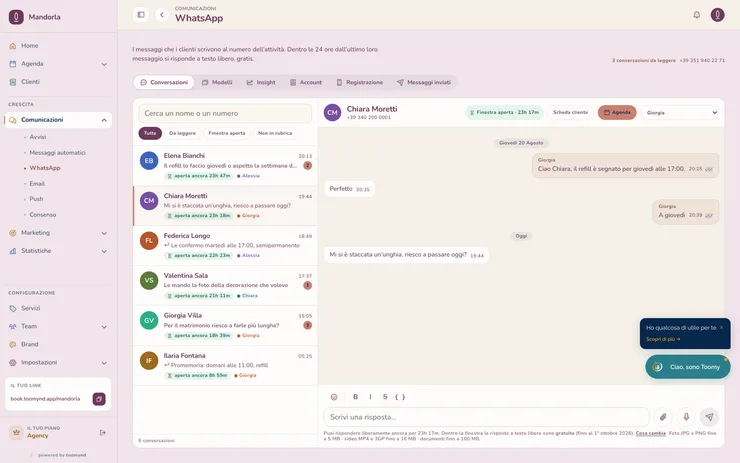 Le conversazioni WhatsApp di un centro unghie dentro Toomynd, con le richieste di refill e le foto dei modelli