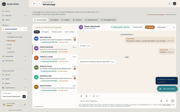 Le conversazioni WhatsApp di uno studio professionale dentro Toomynd, con le richieste di spostare una seduta
