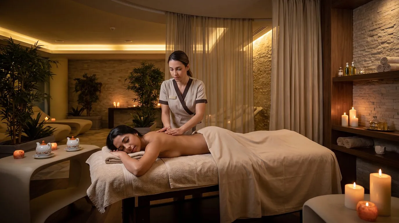Una cabina di un centro benessere a luci basse: un’operatrice esegue un massaggio su una persona distesa sul lettino, fra candele e teli caldi